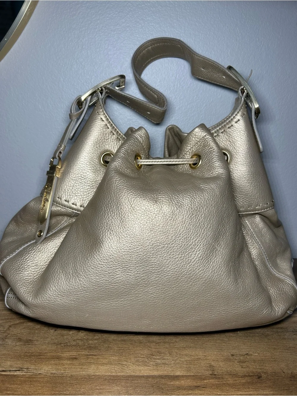 Cole Haan Metallic Taupe Drawstring Hobo Bag